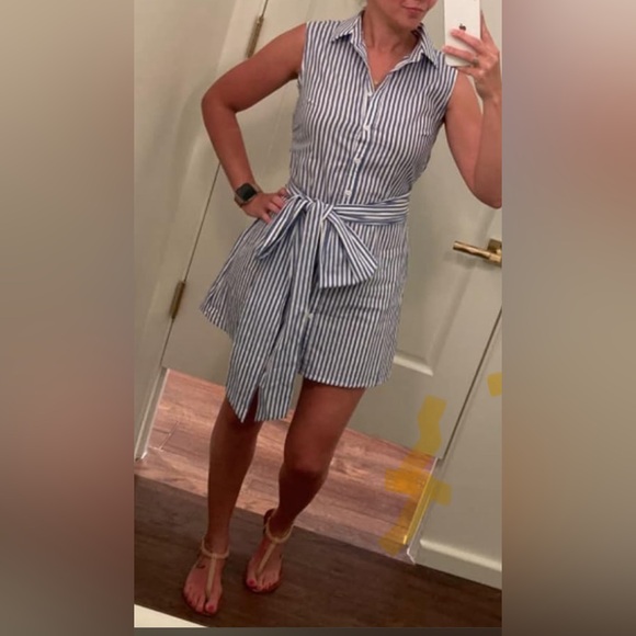 Blue and white striped sleeveless shirt dress with wrap around tie belt - Picture 6 of 7